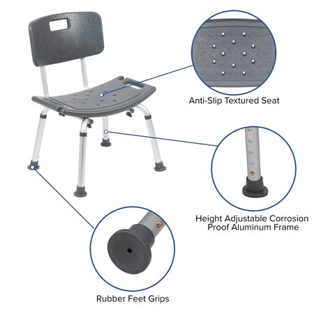 Flash Furniture 15" L, Plastic, Aluminum, Gray Bath & Shower Chair DC-HY3500L-GRY-GG